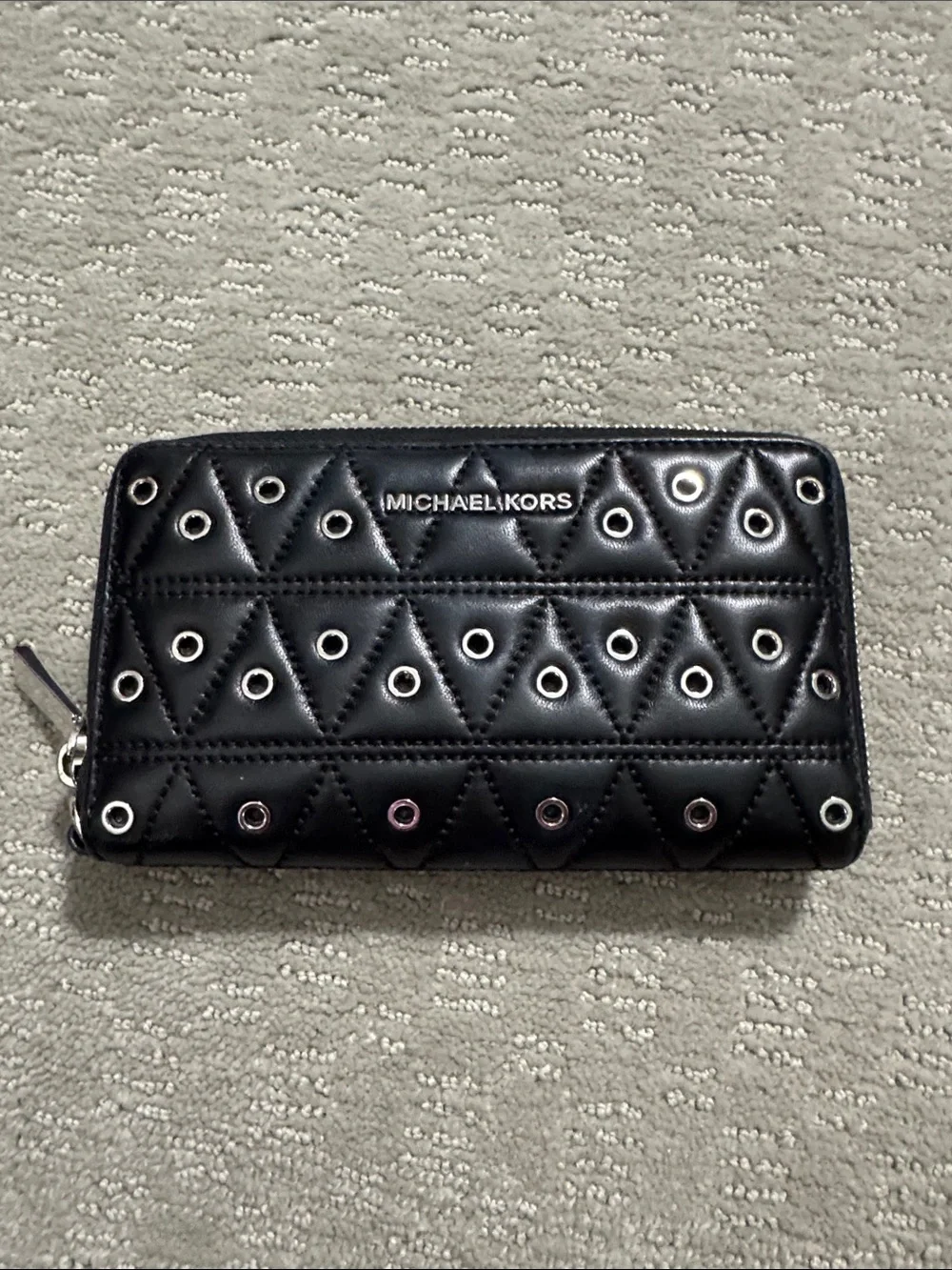 Michael Kors Black Quilted Zip Phone Wallet with Grommet Accents